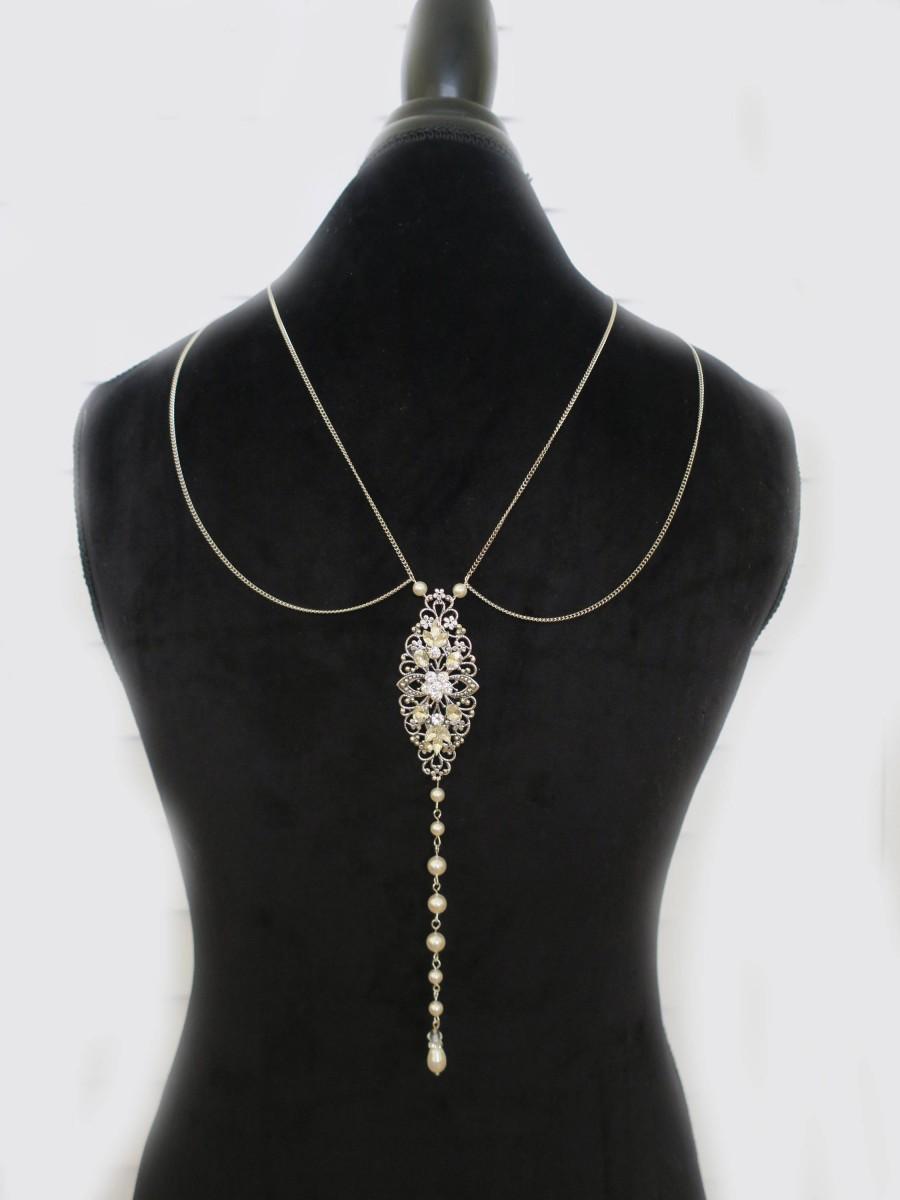 Hochzeit - Great Gatsby Inspired Back Necklace Wedding Back Drop Bridal Necklace Art Deco Vintage Style Swarovski Pearl Crystal Silver Body Jewelry - $99.00 USD