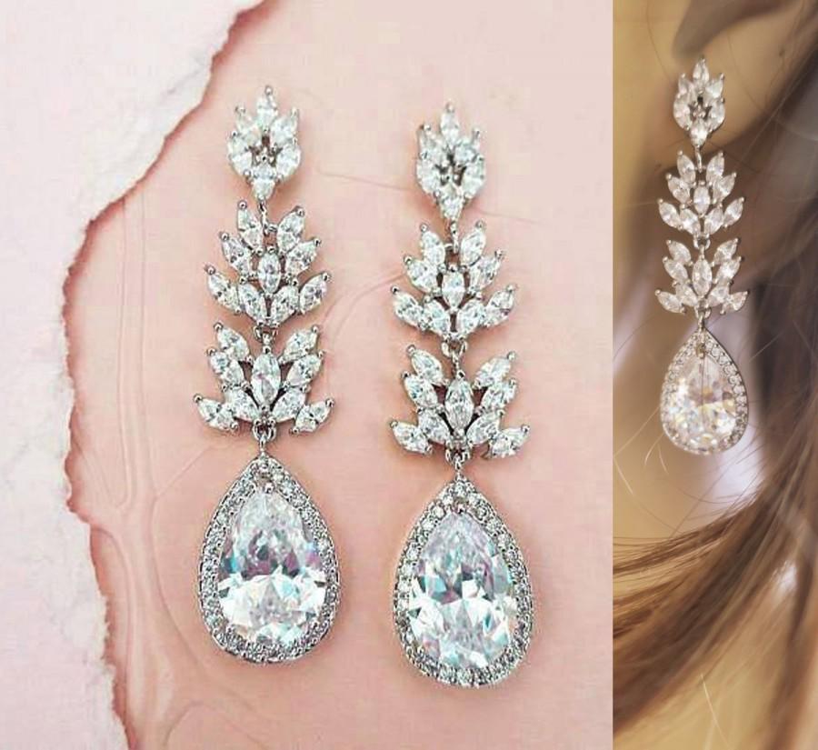 Hochzeit - Art Deco Crystal Bridal Earrings Wedding Jewelry Cubic Zirconia TearDrop Pear Bohemian Bridal Earrings Grade AAA Rhodium Chandelier KARENA - $61.00 USD