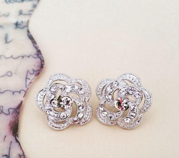 Mariage - Romantic Crystal Rose Bridal Stud Earrings Boho Vintage Bohemian Cubic Zirconia Pave 3D Wedding Studs Art Deco Downton Abbey Rose Crystal - $44.00 USD