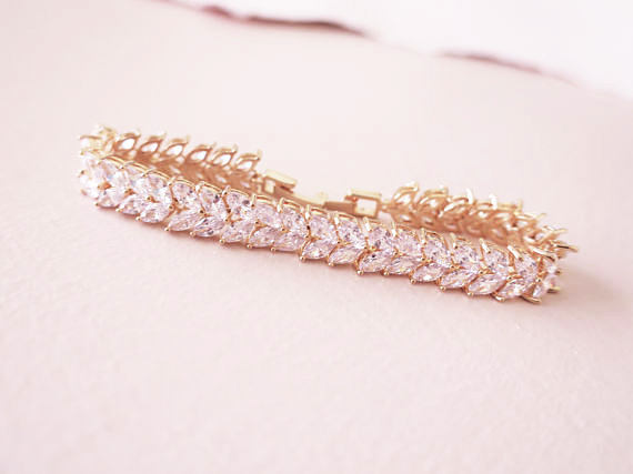 Wedding - Rose Gold Bridal Bracelet Crystal Wedding Bracelet Art Deco Bridal Jewelry AAA grade Cubic Zirconia Marquise Bracelet Leaf Leaves KARENA - $64.00 USD