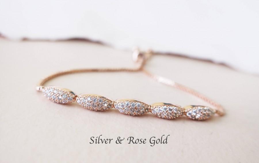Mariage - Rose Gold Wedding Bracelet CZ Bridal Crystal Bracelet Oval Cubic Zirconia Pave Delicate Marquise Wedding Jewelry Bridesmaids TWANA - $44.00 USD