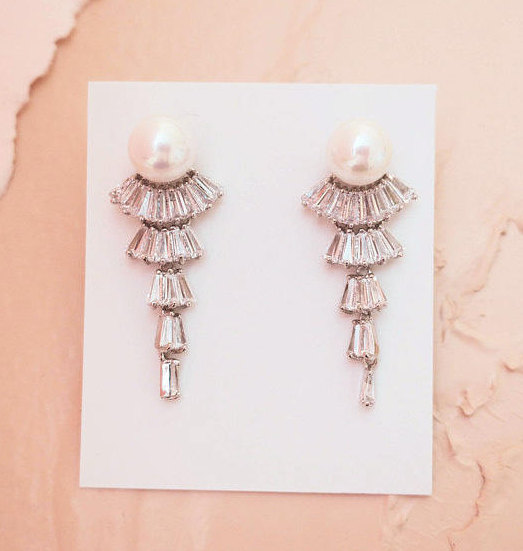 Mariage - Old Hollywood Bridal Crystal Earrings Art Deco Chandelier Pearl Flapper Gatsby AAA CZ Cubic Zirconia 925 Silver Wedding Statement ENVY - $50.00 USD