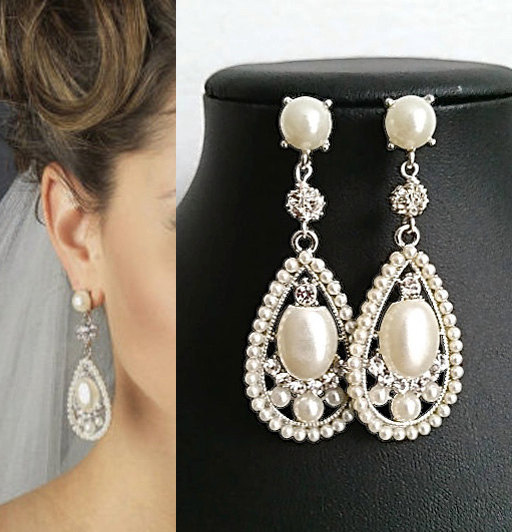 Hochzeit - Bridal Drop Earrings Pearl Wedding Crystal Earrings Silver Rhinestone Wedding Jewelry Large Pearl Dangle Earring Oval Diamond Drops Sukran - $69.00 USD
