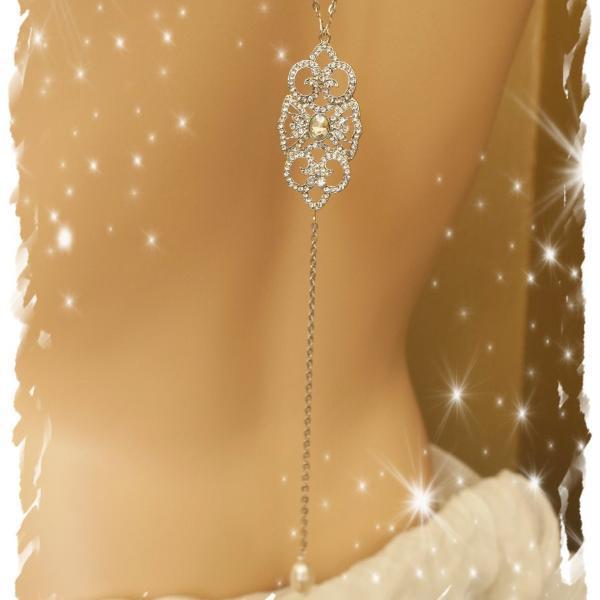 Hochzeit - Bridal Backdrop Necklace, Art Deco Crystal Back Jewelry KATHRYN