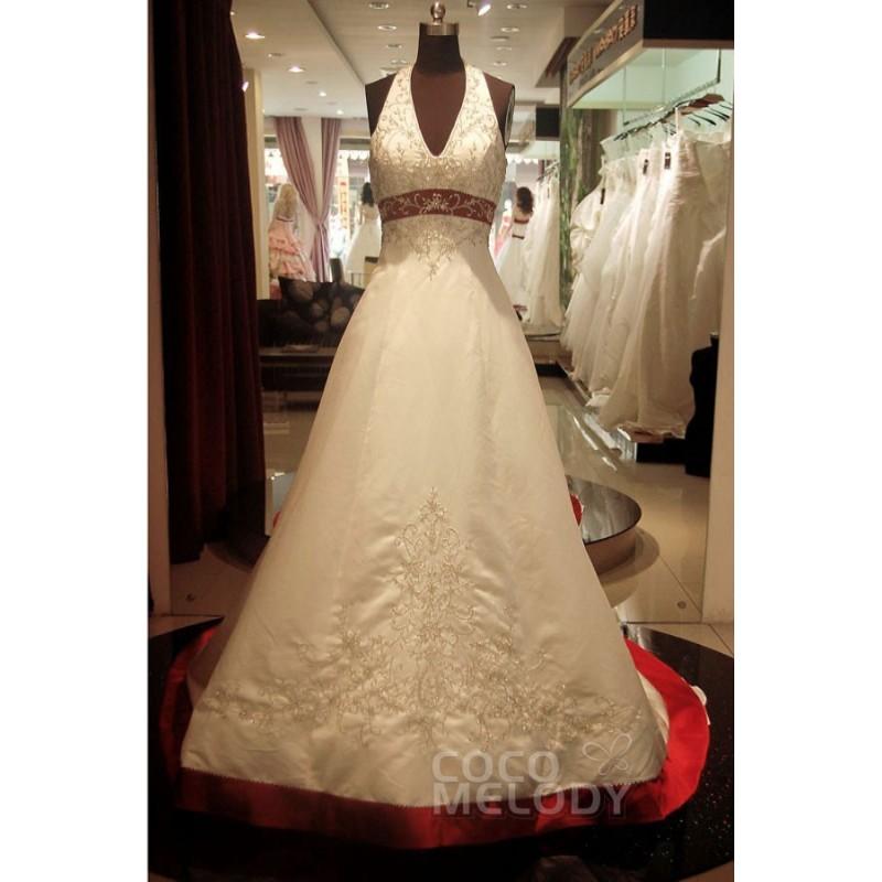 زفاف - Sexy A-Line Halter Court Train Satin Ivory Sleeveless Zipper With Buttons Wedding Dress with Beading - Top Designer Wedding Online-Shop