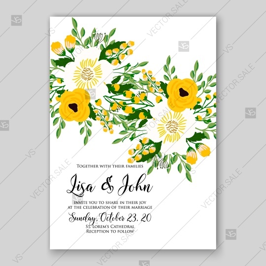 زفاف - Yellow roses, peony, anemone wedding invitation vector template
