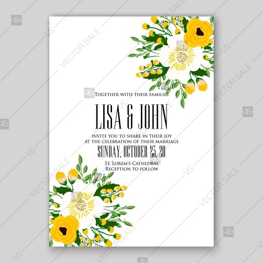 زفاف - Yellow roses, peony, anemone wedding invitation vector template