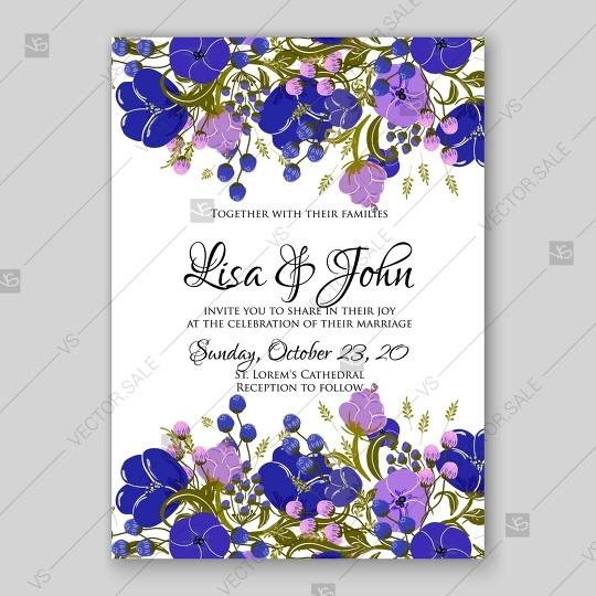 Wedding - Dark Blue flower peony tulips wedding invitation printable vector card template