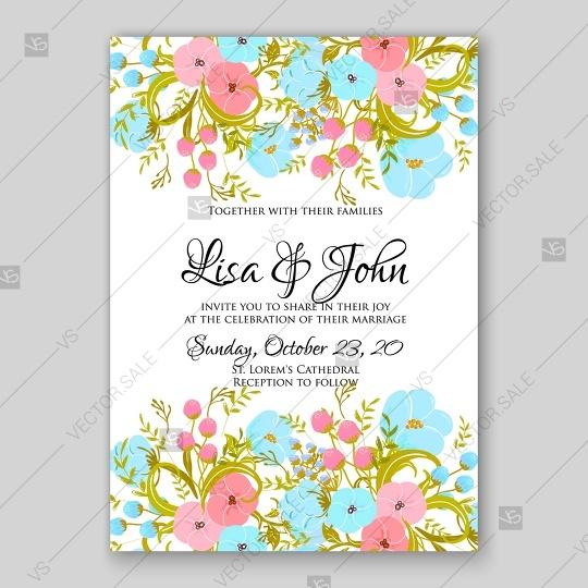 Hochzeit - Wedding invitation card blue peony field and pink anemone vector bouquet of flowers