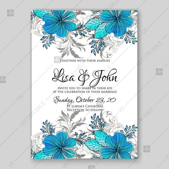 Wedding - Beautiful wedding invitation template with tropical vector blue flower of hibiscus