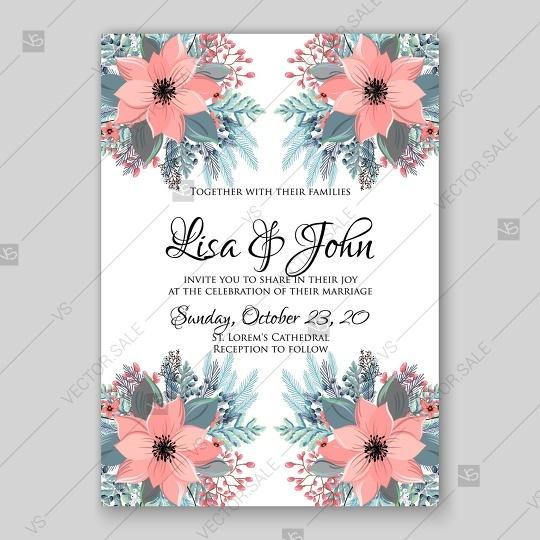 زفاف - Christmas wedding invitation with lavender, gently pinkpoinsettia, pine branch wreath