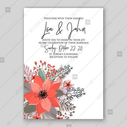 Wedding - Coral poinsettia vector flowers winter wreath for winter wedding invitation