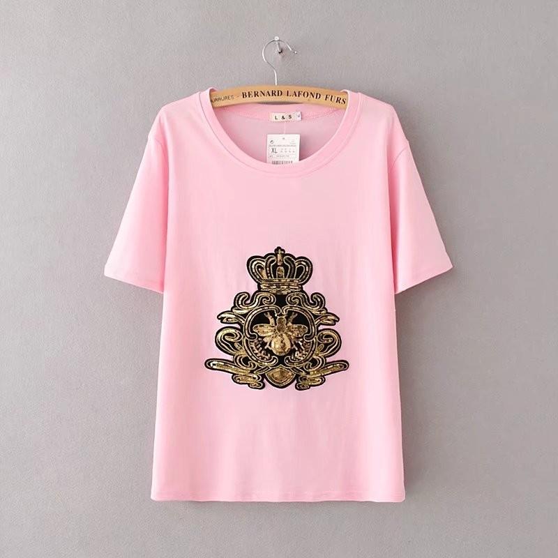زفاف - Casual Oversized Plus Size Short Sleeves Sequined Crown Summer T-shirt - beenono.com