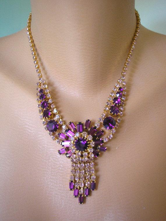 Hochzeit - Vintage Purple Rhinestone Art Deco Style Necklace
