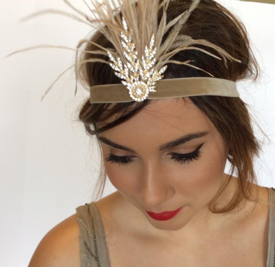Hochzeit - Gold Great Gatsby headband Gold headpiece, gold 1920s headband, beige ostrich feathers fascinator, dusty pink headband, rhinestone headpiece