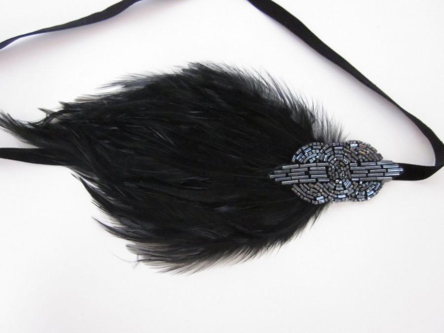 Hochzeit - Gray Headband, Pewter Headpiece Great Gatsby Feather 1920s Fascinator, Stretch Elastic VElvet Headband, Black Art Deco 20s Gray Gunmetal