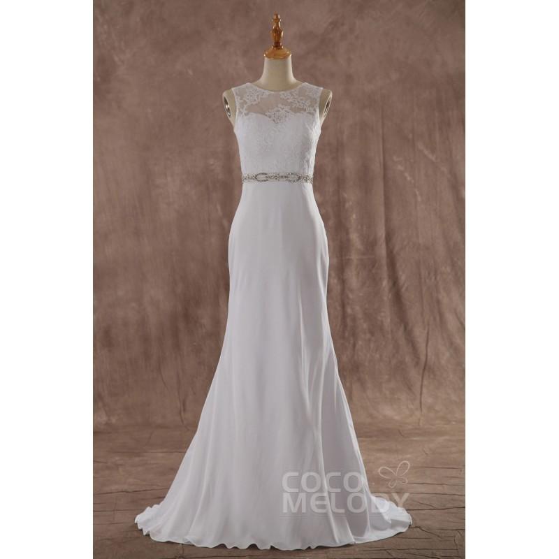 Hochzeit - Classic Illusion Sweep-Brush Train Chiffon Sleeveless Wedding Dress with Appliques and Sashes - Top Designer Wedding Online-Shop