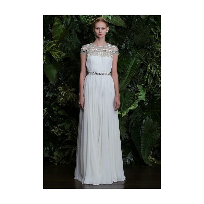 Hochzeit - Naeem Khan - 2014 - Majorca Short Sleeve Crinkle Chiffon A-Line Wedding Dress with Beaded Details - Stunning Cheap Wedding Dresses