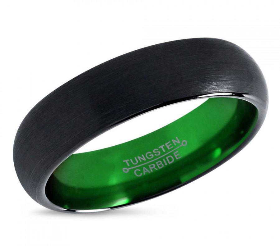 Hochzeit - Tungsten Ring Mens Black Green Wedding Band Tungsten Ring Tungsten Carbide 6mm Tungsten Man Wedding Male Women Anniversary Matching Size