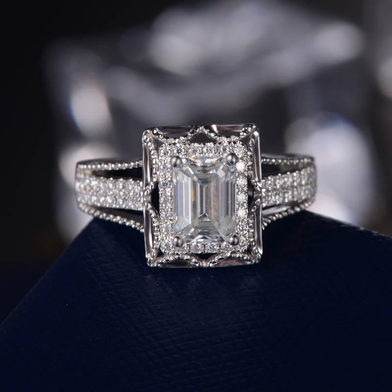 زفاف - Art Deco Antique Engagement Ring Forever One Moissanite White Gold Retro Unique Bridal Set Emerald Cut Split Shank Promise Anniversary Ring