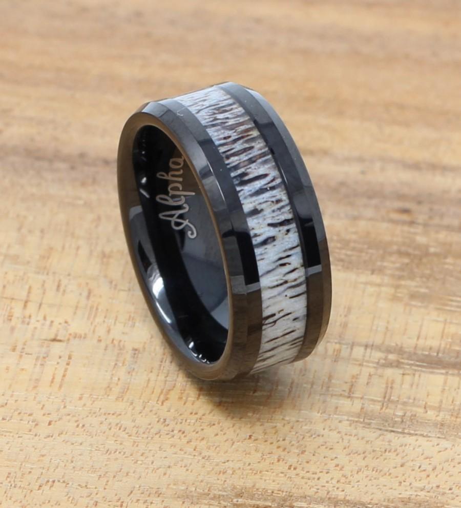 Wedding - Black Tungsten Wedding Band, Real Deer Antler Inlay, Mens Personalized Ring, Free Custom Engraving, 8MM Black Ring, Comfort Fit
