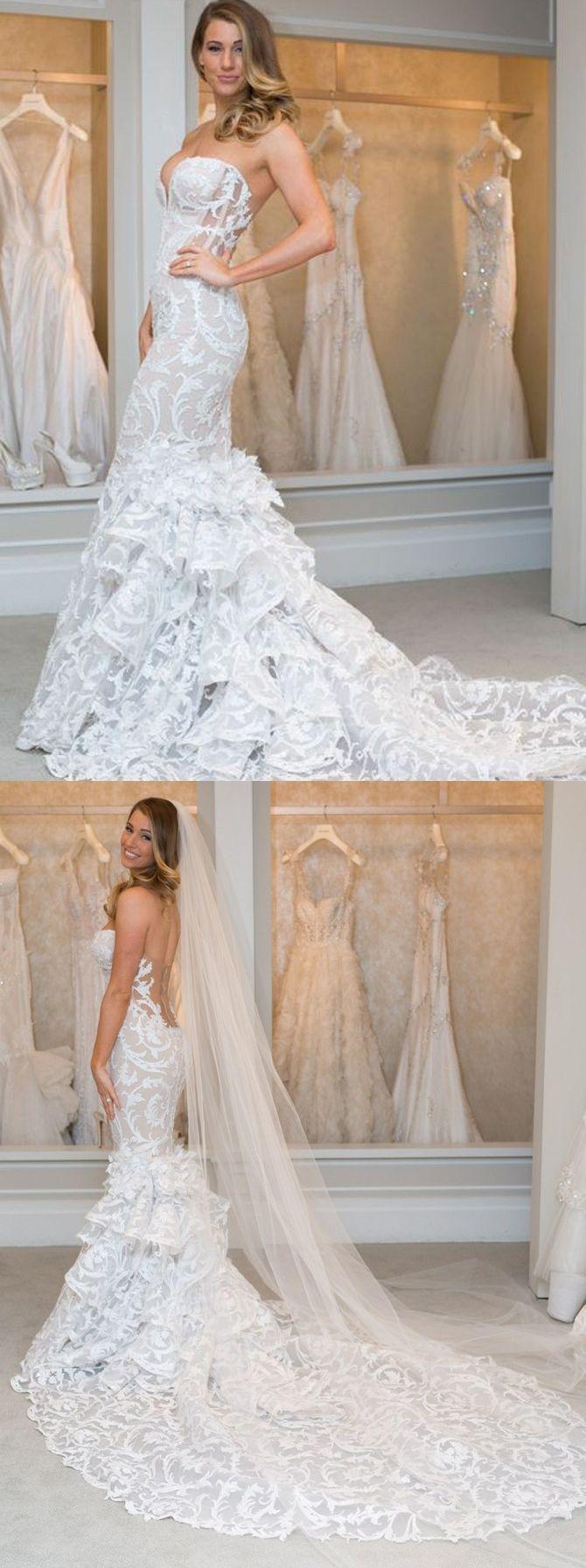 Свадьба - Mermaid Wedding Dresses Sweetheart Sweep Train Lace Tulle Sexy Bridal Gown JKS267
