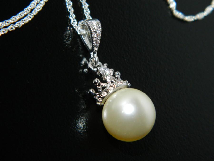 Hochzeit - Pearl Crown Bridal Necklace, Swarovski 10mm Ivory Pearl Silver CZ Necklace, Bridal Jewelry, Wedding Pearl Necklace, Crown Charm Necklace - $28.50 USD
