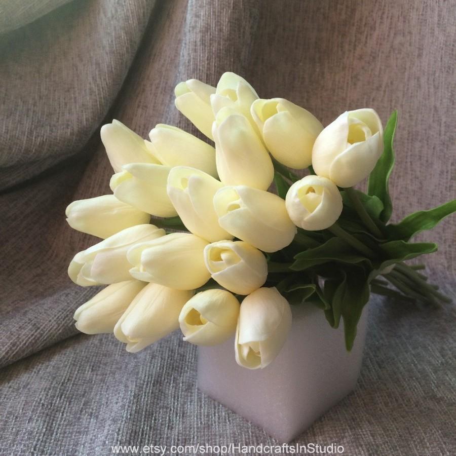 زفاف - 24 Real Touch Tulips Ivory Cream White Tulips Flowers For Wedding Bridal Bridesmaids Bouquet Flowers Table Centerpieces