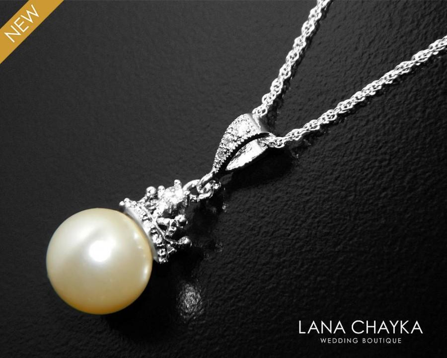 زفاف - Pearl Crown Bridal Necklace, Swarovski 10mm Ivory Pearl Silver CZ Necklace, Bridal Jewelry, Wedding Pearl Necklace, Crown Charm Necklace - $28.50 USD