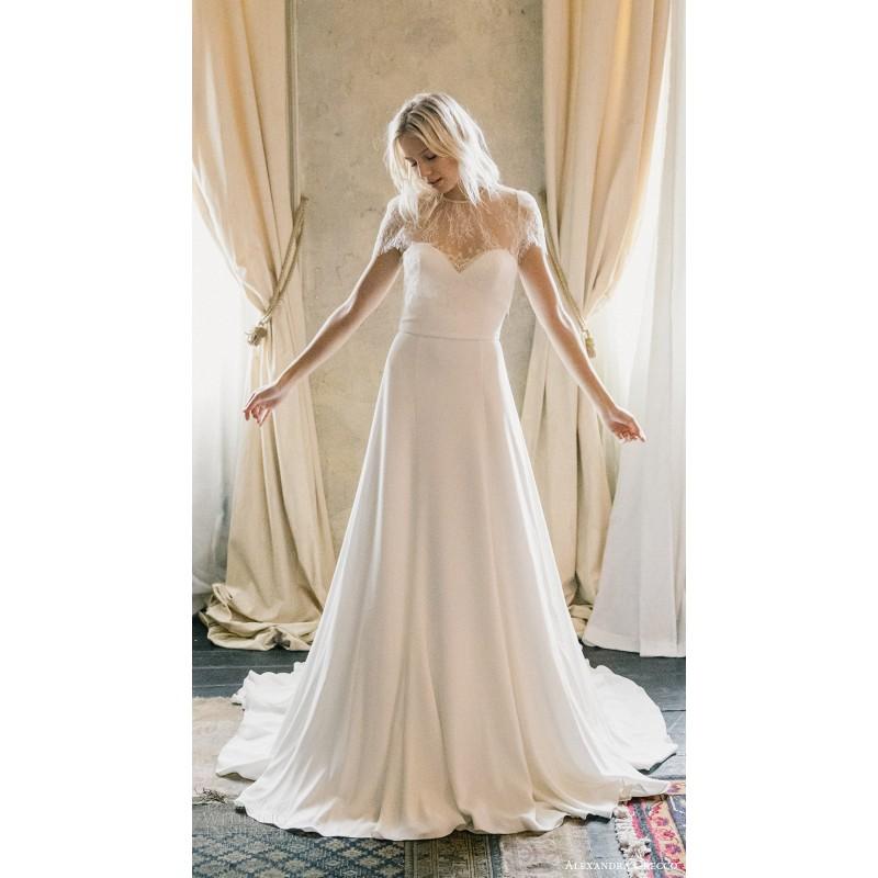Wedding - Alexandra Grecco Fall/Winter 2017 Emma Silk Chapel Train Illusion Simple Ivory Aline Short Sleeves Dress For Bride - Bonny Evening Dresses Online 