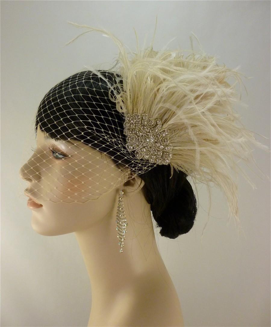 Hochzeit - Hollywood Glitz - Rhinestone Bridal Feather Fascinator, Champagne Feather Fascinator, Bridal Headpiece, Wedding Hair Accessory, Wedding Veil
