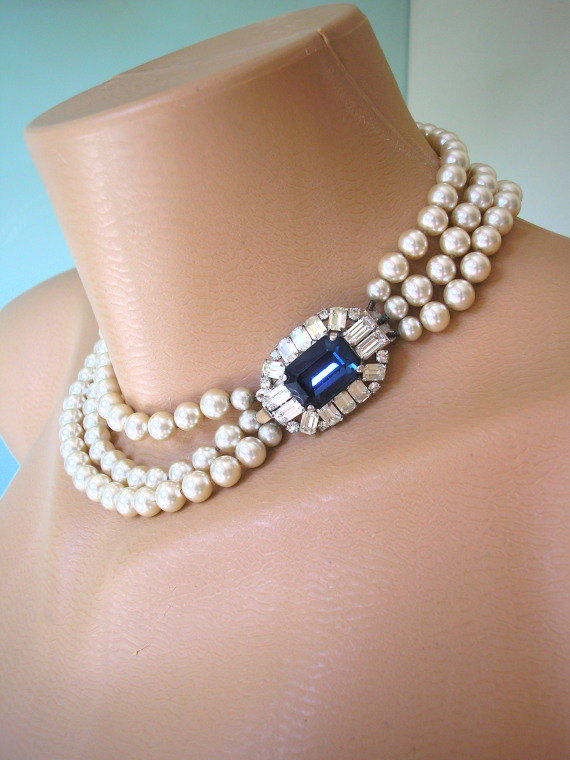 Hochzeit - Vintage 3 Strand Pearl Necklace With Montana Blue Rhinestone Clasp