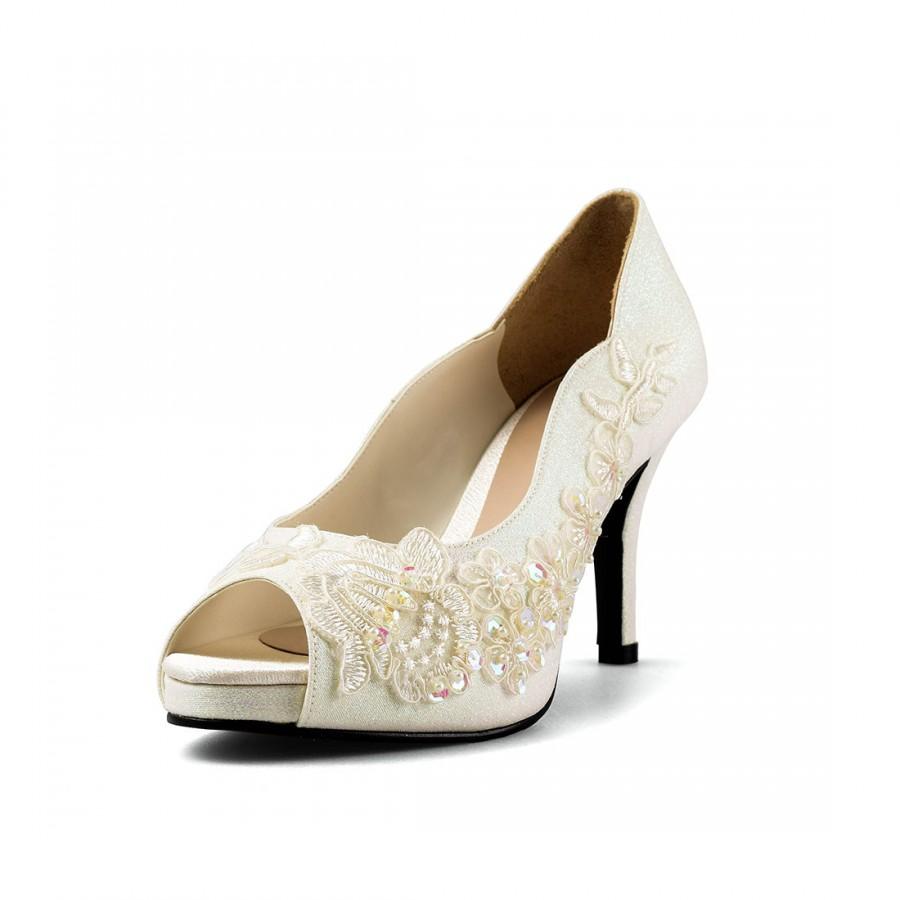 زفاف - Jill Ivory Glitter Lace Lower Heel, Glitter Ivory Bridal Heel, Ivory Lace Wedding Shoe, Floral Lace Ivory Wedding Heels