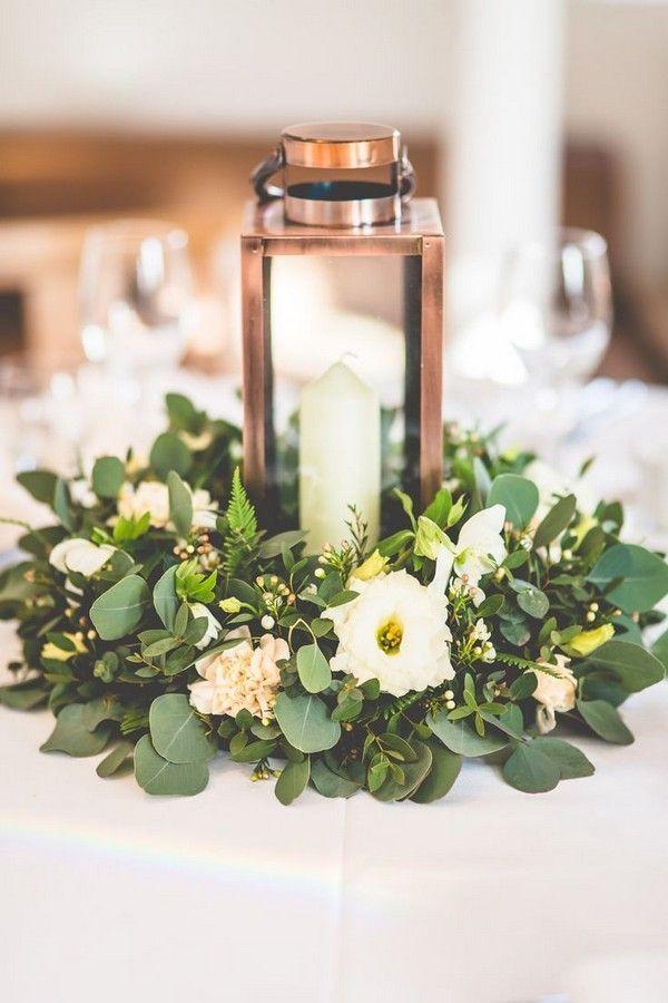 Свадьба - Copper Lantern With Church Candle And Greenery Table Centrepiece
