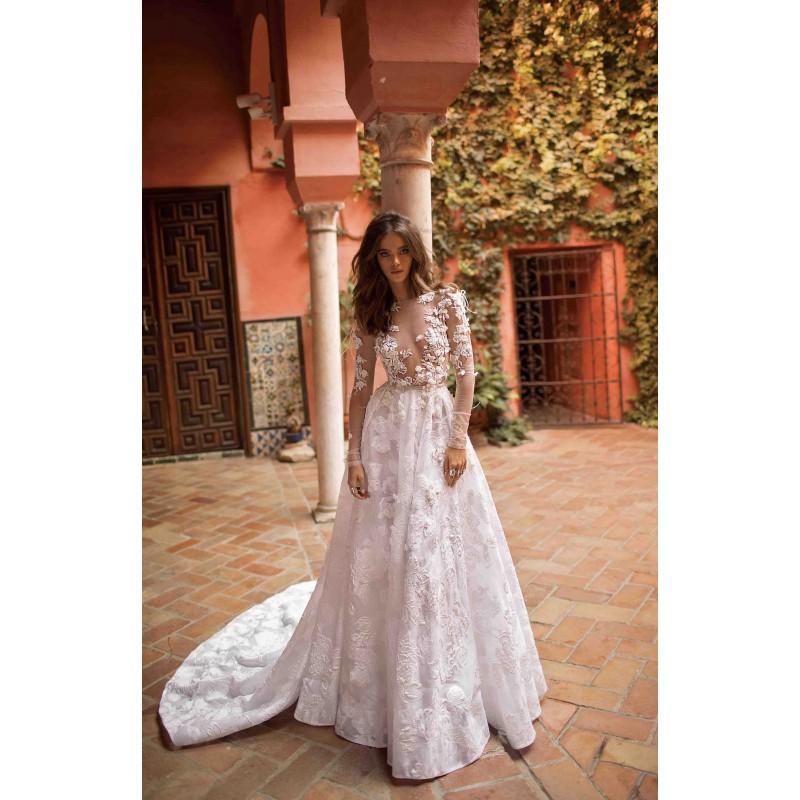 Hochzeit - Berta Fall/Winter 2018 Style 18-113 Chapel Train Sweet Ivory Illusion Aline Long Sleeves Organza Hand-made Flowers Bridal Gown - Brand Wedding Dresses