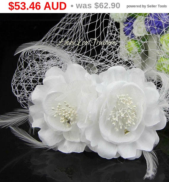 Свадьба - Christmas Sale White Feather Flower Birdcage Veil, Birdcage Bridal Veil Beaded Wedding Face Veil Fascinator, Birdcage veil with flowers, ...