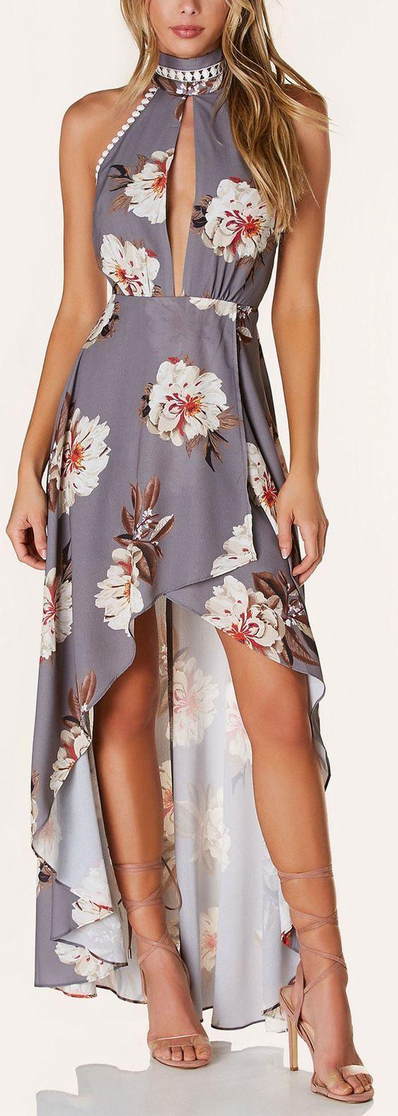 زفاف - Halter Backless Floral Printed High Low Dress - AZBRO.com