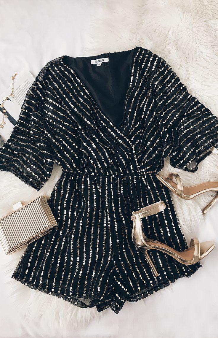 Mariage - Odelia Black And Gold Sequin Romper