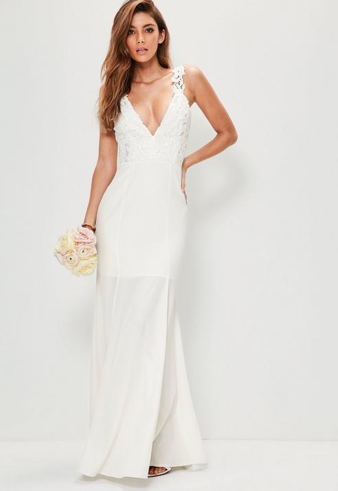 Hochzeit - Bridal White Lace Criss Cross Bodice Maxi Dress