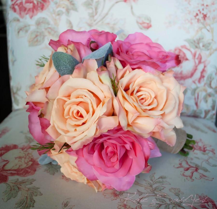 Hochzeit - Peach and Pink Rose Bouquet - Silk Wedding Bouquet