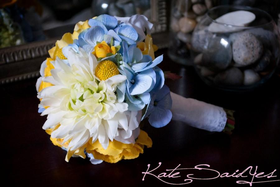 Hochzeit - Silk Wedding Bouquet - Blue Hydrangeas, Yellow Ranunculus, Billy Buttons, Roses, and Mums - Small Bouquet