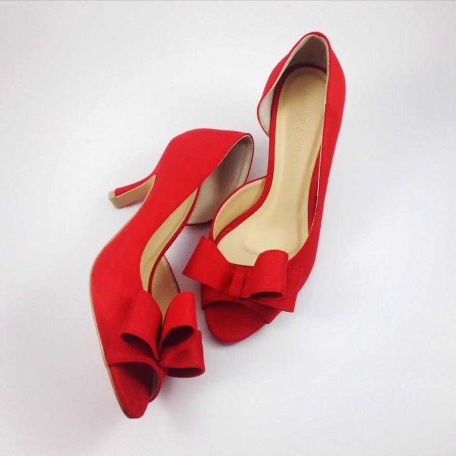 Wedding - Red Wedding Shoes, Red Bridal Shoes, Scarlet Wedding Shoes, Red Suede Bow Heels, Red Wedding Shoes, Bright Red Suede Bridal Shoes
