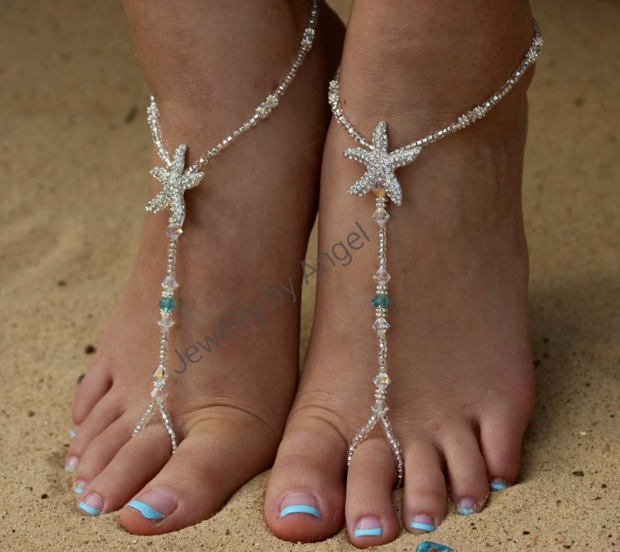 Bridal accessory Silver Beaded barefoot sandals Foot thong Beach wedding Beach sandals Starfish foot jewelry Foot jewelry-Slave anklet