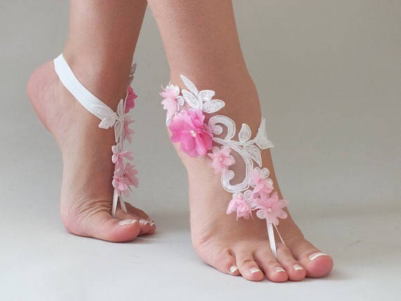 Свадьба - EXPRESS SHIPPING White Lace Barefoot Sandals Pink flowers Wedding Shoes Wedding Photography beach wedding barefoot sandals footless sandles