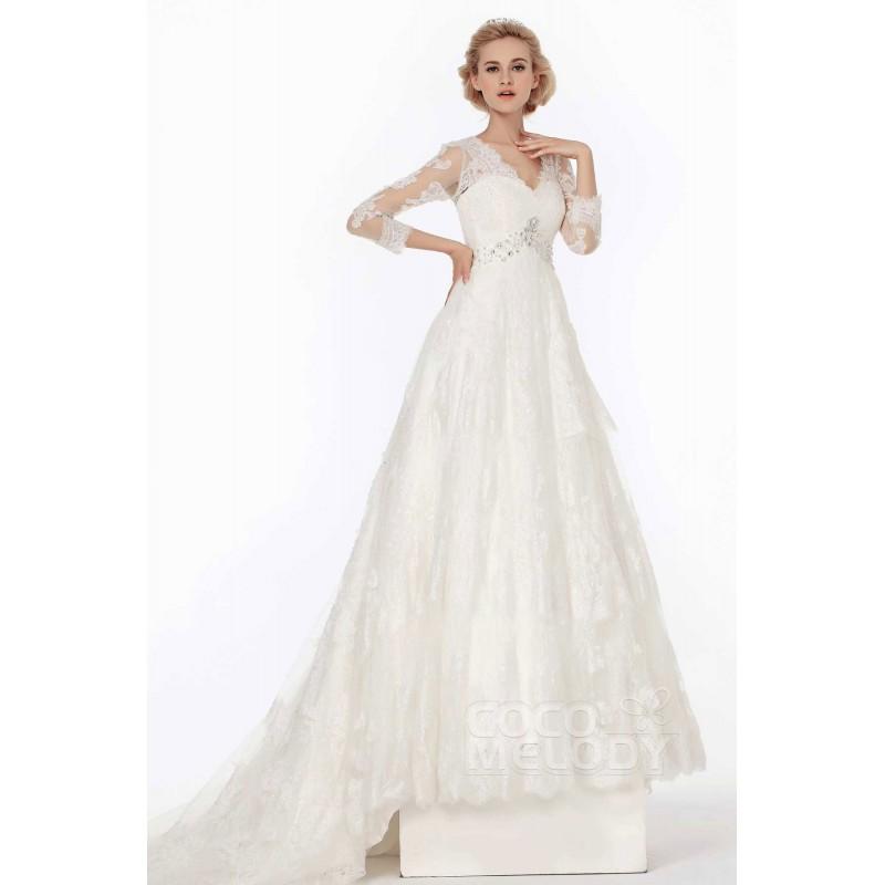 Hochzeit - Dramatic A-Line V-Neck Chapel Train Lace Wedding Dress - Top Designer Wedding Online-Shop