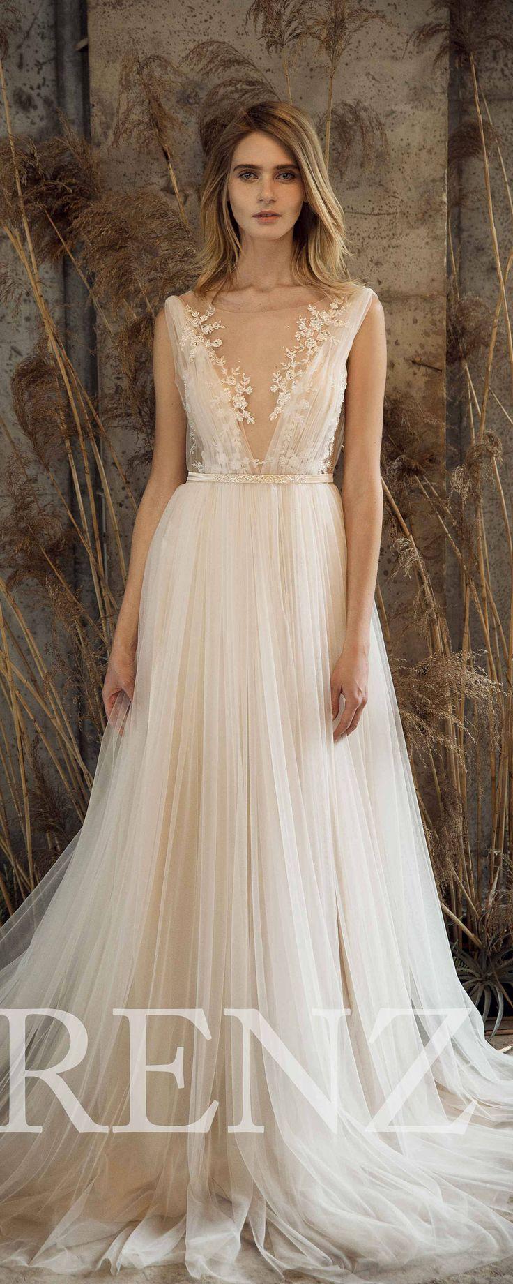 Hochzeit - Wedding Dress Off White Tulle Dress,V Neck Bridal Dress,Lace Illusion Backless Bride Dress Train Maxi Dress,Sleeveless Evening Dress(LW192)