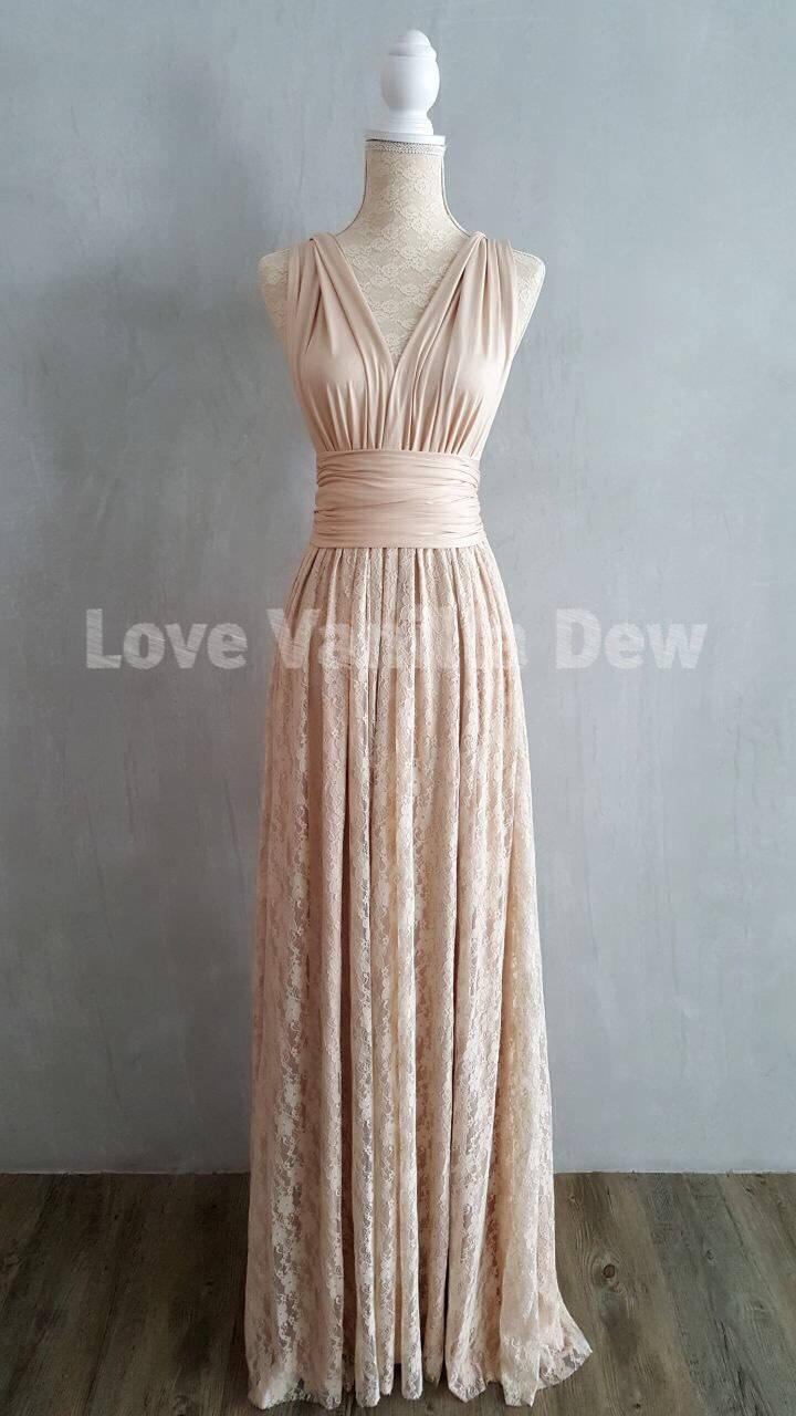Hochzeit - Bridesmaid Dress Infinity Dresses Champagne Lace Floor Length Maxi Wrap Convertible Dress Wedding Dress