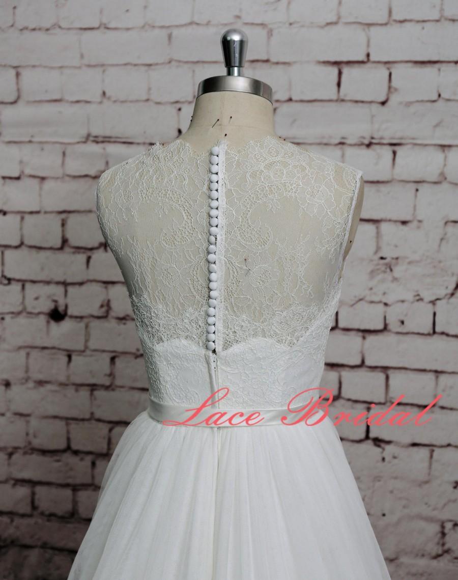 Mariage - Bateau Lace Neck Wedding Gown Simple Tulle Skirt Bridal Gown A-line Wedding Dress Sheer Lace Back Wedding Dress