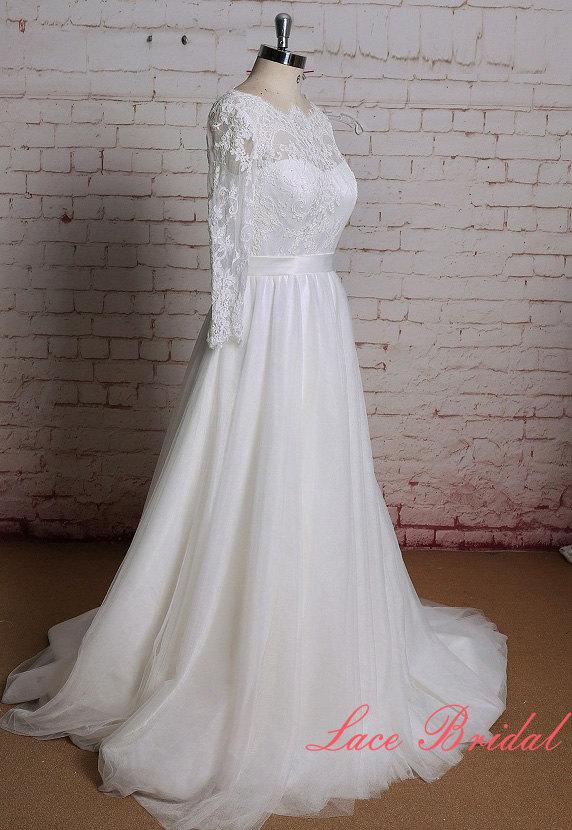 Свадьба - Long Sheer Lace Sleeves Wedding Dress with Keyhole Back  Bateau Neckline Bridal Gown with Simple Tulle Skirt