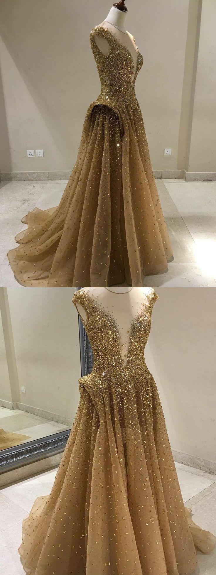 Wedding - A-line V-neck Tulle With Gold Sequins Beaded Long Prom Dresses APD2798